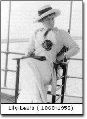 A black-and-white photo of Lily Lewis (1868–1950) sitting in a chair on a deck at the Bischwind Villa.