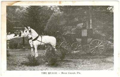 Two horses pull a stagecoach in Bear Creek, Pennsylvania, reflecting the local history of Bischwind Villa.