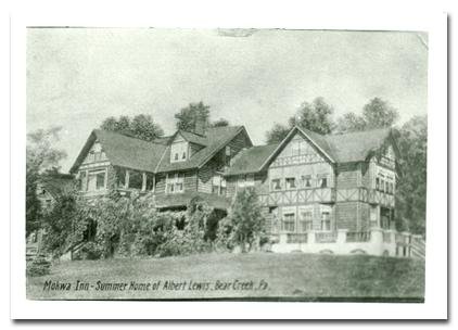 Vintage postcard of the Mokwa Inn in Bear Creek, Pennsylvania, the summer home of Albert Lewis and a site with a rich Bischwind villa history.