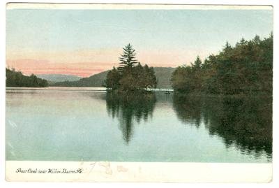 Vintage postcard of a lake surrounded by trees with a small wooded island near the Bischwind Villa, labeled “Bear Creek near Wilkes-Barre, Pa.”